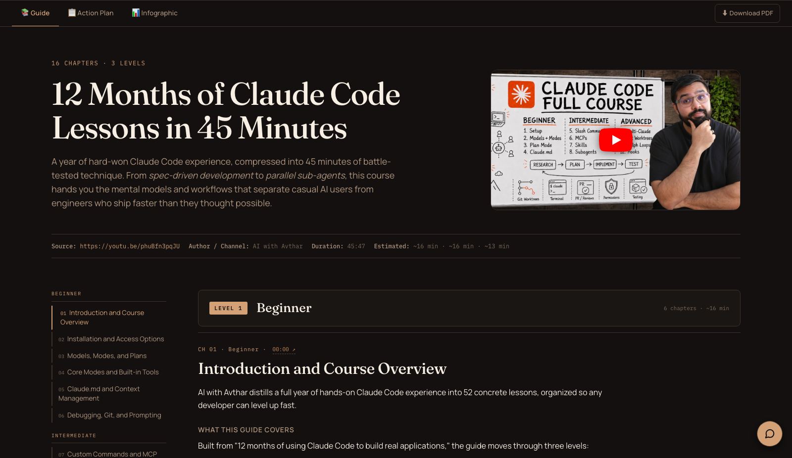 A real Unfurl guide — chapters, skill levels, and a chat tutor — generated from a 45-minute YouTube video